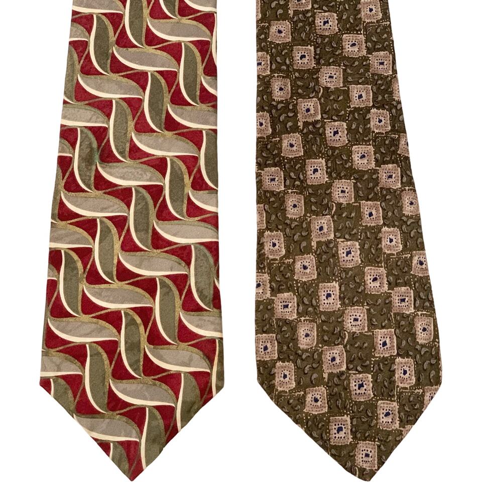 OSCAR DE LA RENTA 2 Pc Men’s Neck Tie Silk, Red & Olive Green, Olive Green & Tan